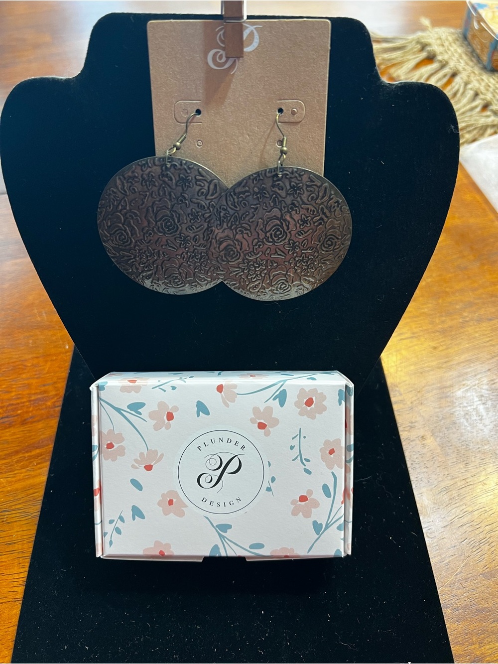 Plunder Bronze Floral-Engraved Round Drop Earrings